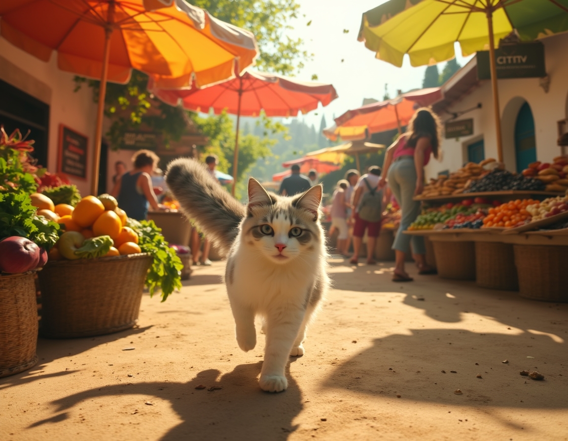 Cat wanders through a lively market, surrounded by fresh produce, baked goods, and aromas.